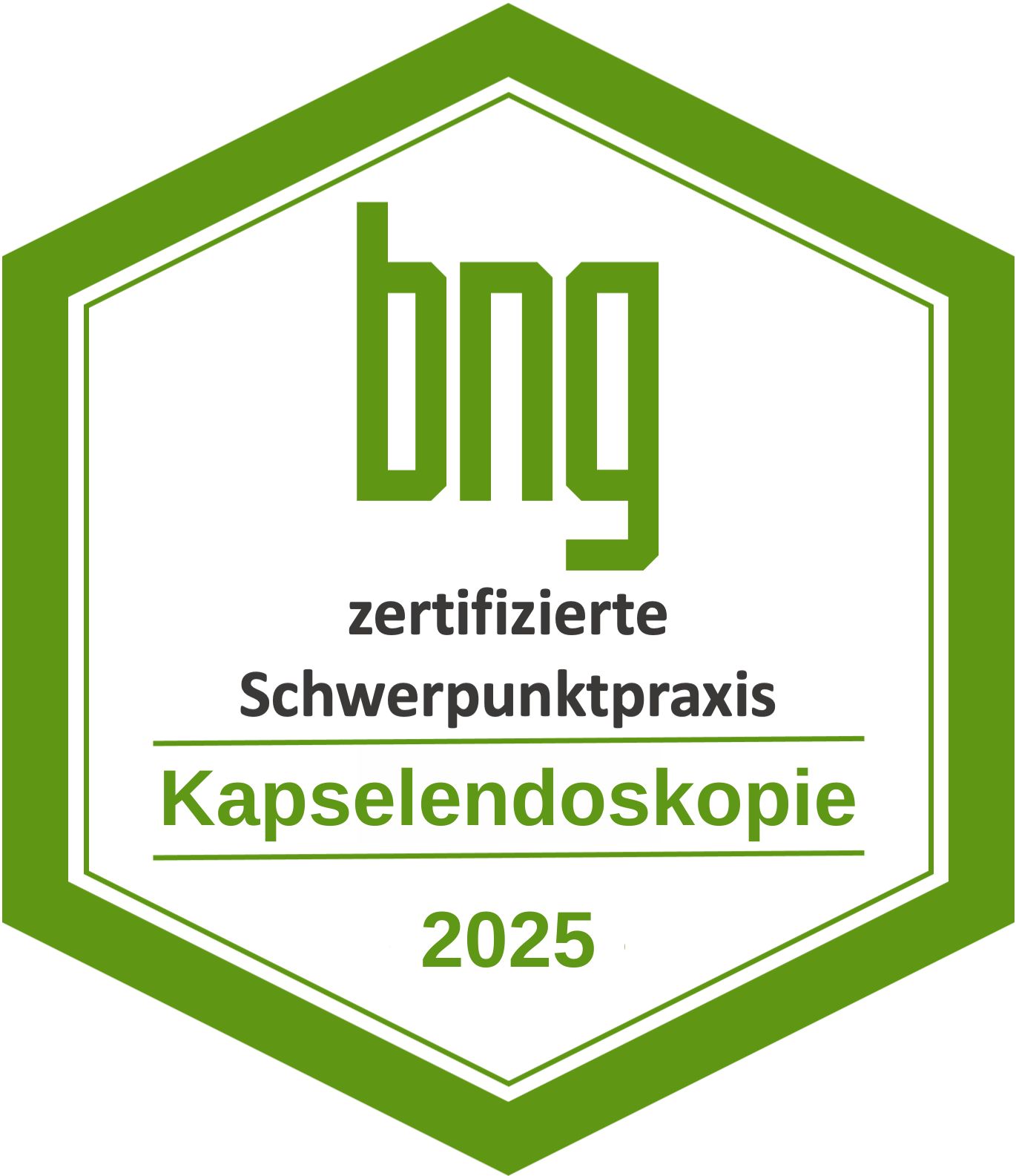 Sie sehen ein weißes sechseckiges Siegel mit dickem grünen Rand und in großen Buchstaben bng, ebenfalls in grün. Dazu der Text zertifizierte Schwerpunktpraxis Kapselendoskopie 2025.